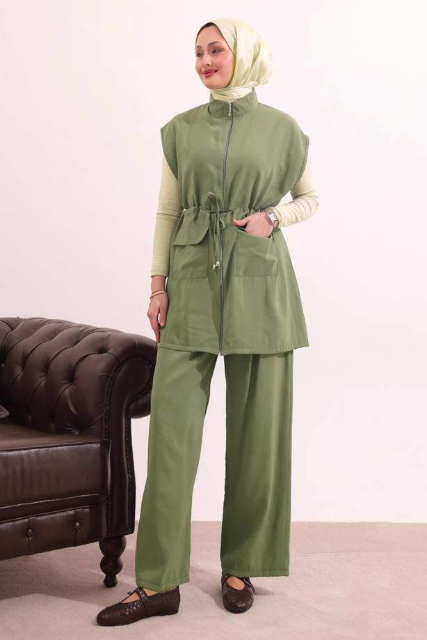 Tesettür giyim YEŞİL BELİ BAĞCIKLI PANTOLONLU TAKIM T 7817 - TRENDTESETTÜR