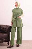 Tesettür giyim YEŞİL BELİ BAĞCIKLI PANTOLONLU TAKIM T 7817