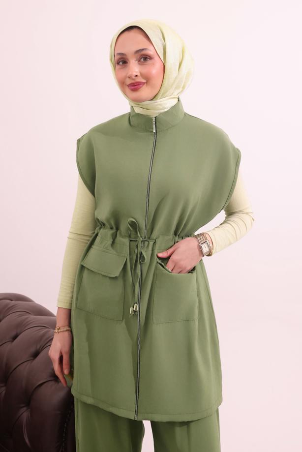 Tesettür giyim YEŞİL BELİ BAĞCIKLI PANTOLONLU TAKIM T 7817 - TRENDTESETTÜR