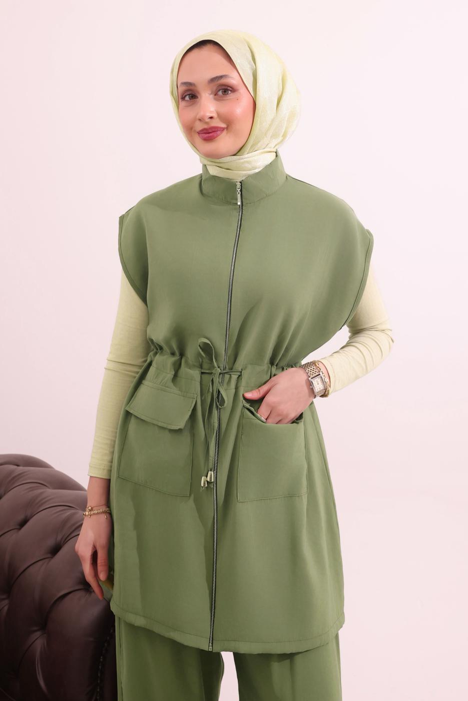 Tesettür giyim YEŞİL BELİ BAĞCIKLI PANTOLONLU TAKIM T 7817