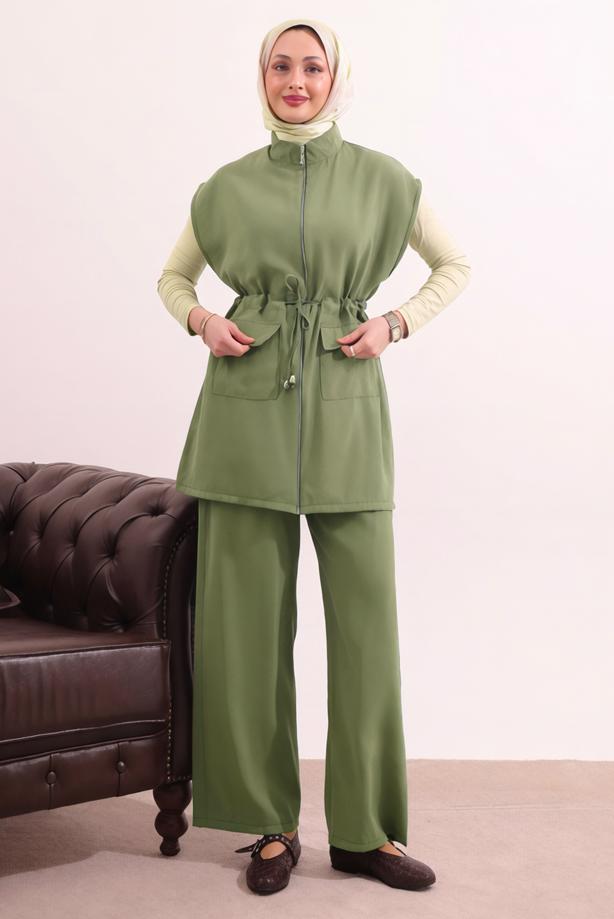 Tesettür giyim YEŞİL BELİ BAĞCIKLI PANTOLONLU TAKIM T 7817 - TRENDTESETTÜR