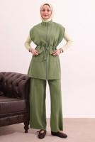 Tesettür giyim YEŞİL BELİ BAĞCIKLI PANTOLONLU TAKIM T 7817