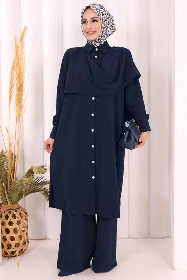 Hijab clothing NAVY BLUE COWL NECK PANTSUIT T 8108 - TRENDTESETTÜR