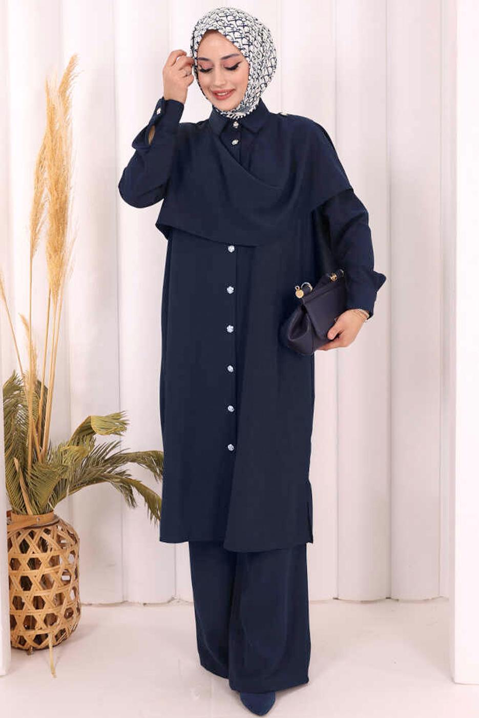 Hijab clothing NAVY BLUE COWL NECK PANTSUIT T 8108