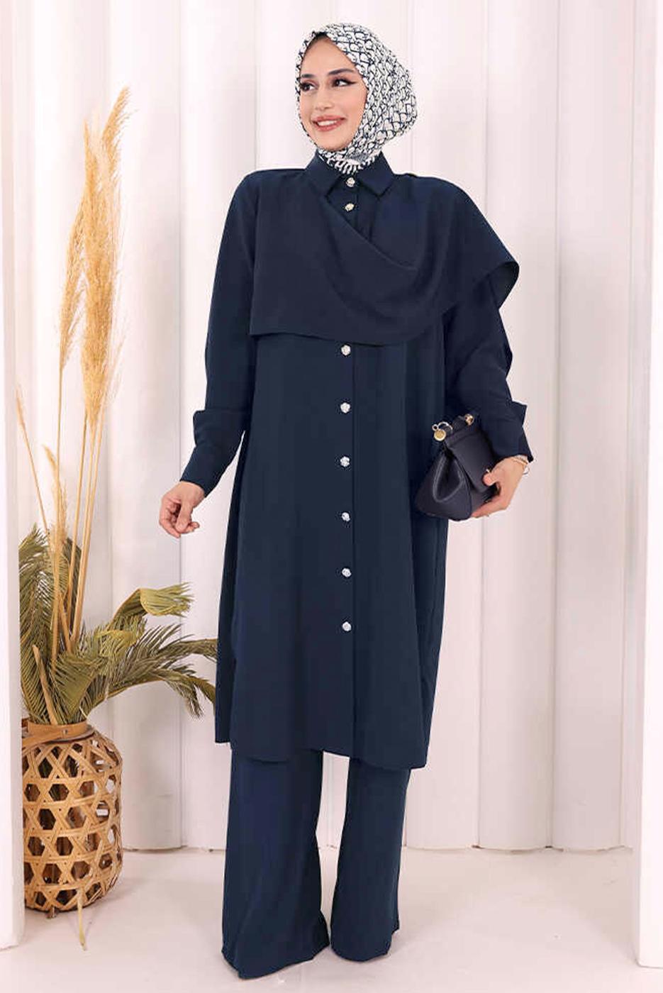 Hijab clothing NAVY BLUE COWL NECK PANTSUIT T 8108