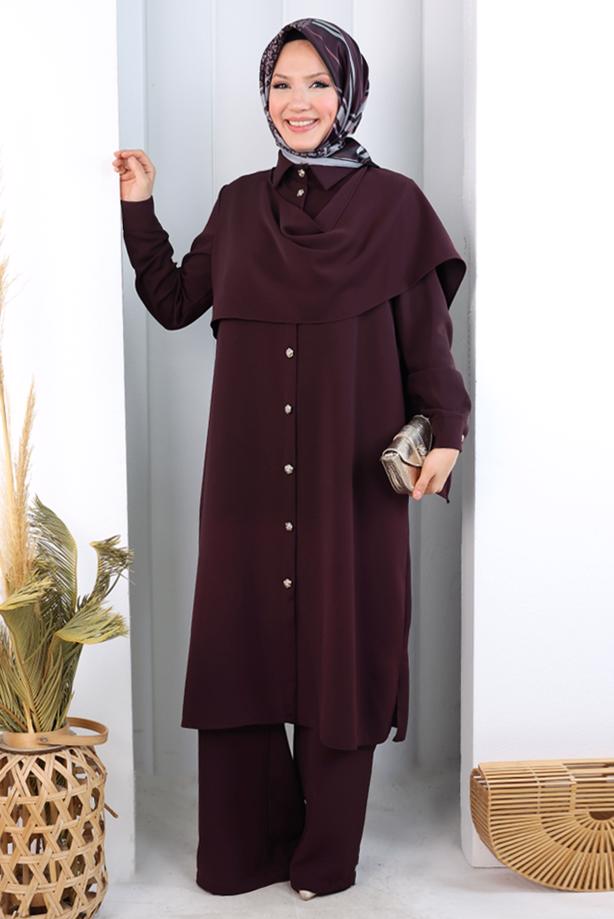 Hijab clothing PLUM COWL NECK PANTSUIT T 8108 - TRENDTESETTÜR
