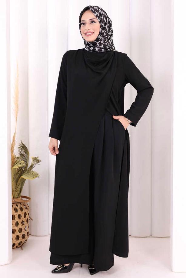 Hijab clothing BLACK ASYMMETRIC CUT PANTSUIT T 8698 - TRENDTESETTÜR