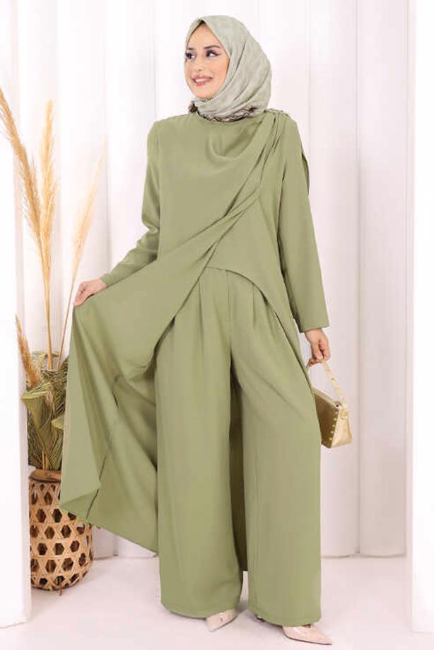 Hijab clothing KHAKI ASYMMETRIC CUT PANTSUIT T 8698 - TRENDTESETTÜR