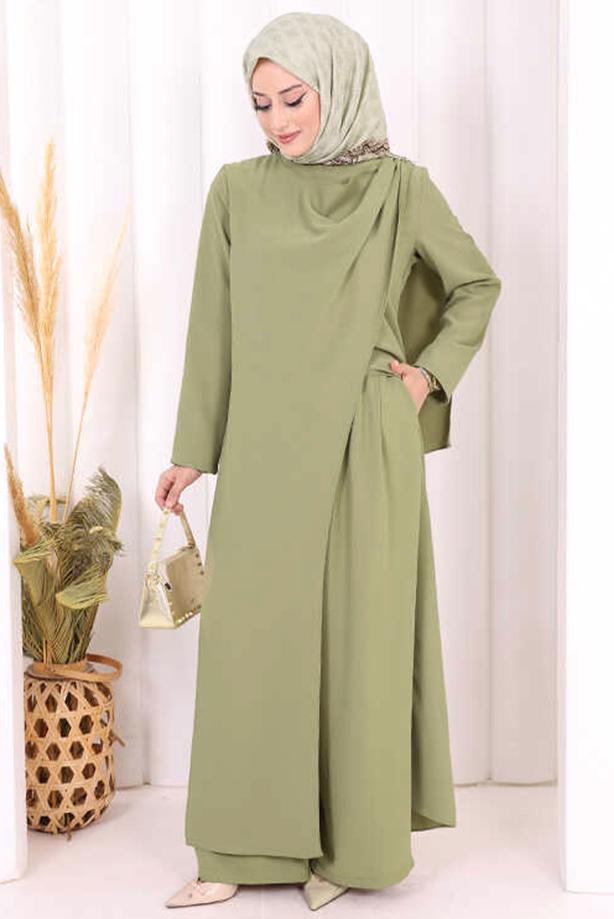 Hijab clothing KHAKI ASYMMETRIC CUT PANTSUIT T 8698 - TRENDTESETTÜR