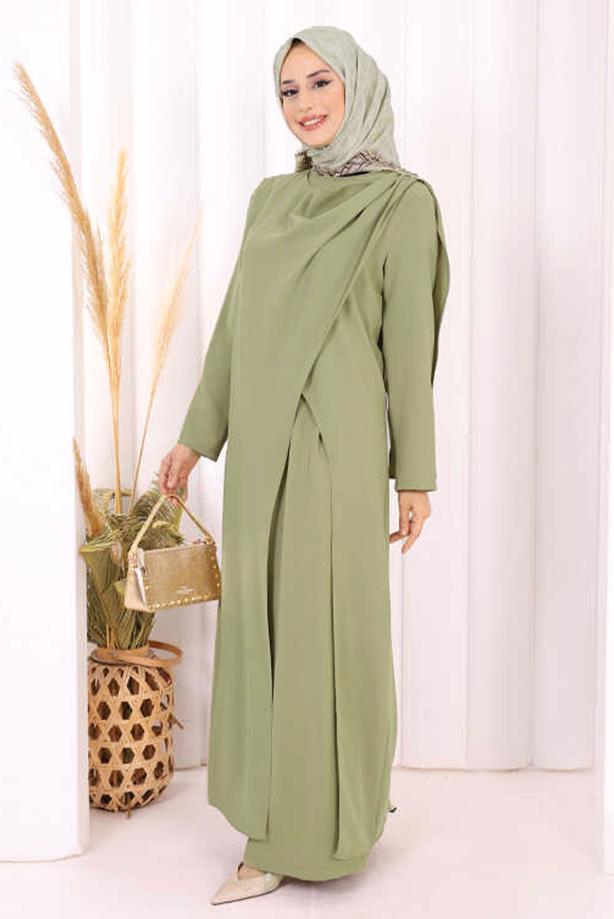 Hijab clothing KHAKI ASYMMETRIC CUT PANTSUIT T 8698 - TRENDTESETTÜR