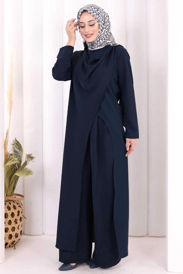 Hijab clothing NAVY BLUE ASYMMETRIC CUT PANTSUIT T 8698 - TRENDTESETTÜR