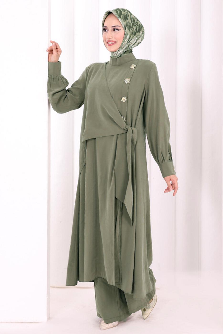 Hijab clothing KHAKI CUPRA TIED PANTSUIT T 9108