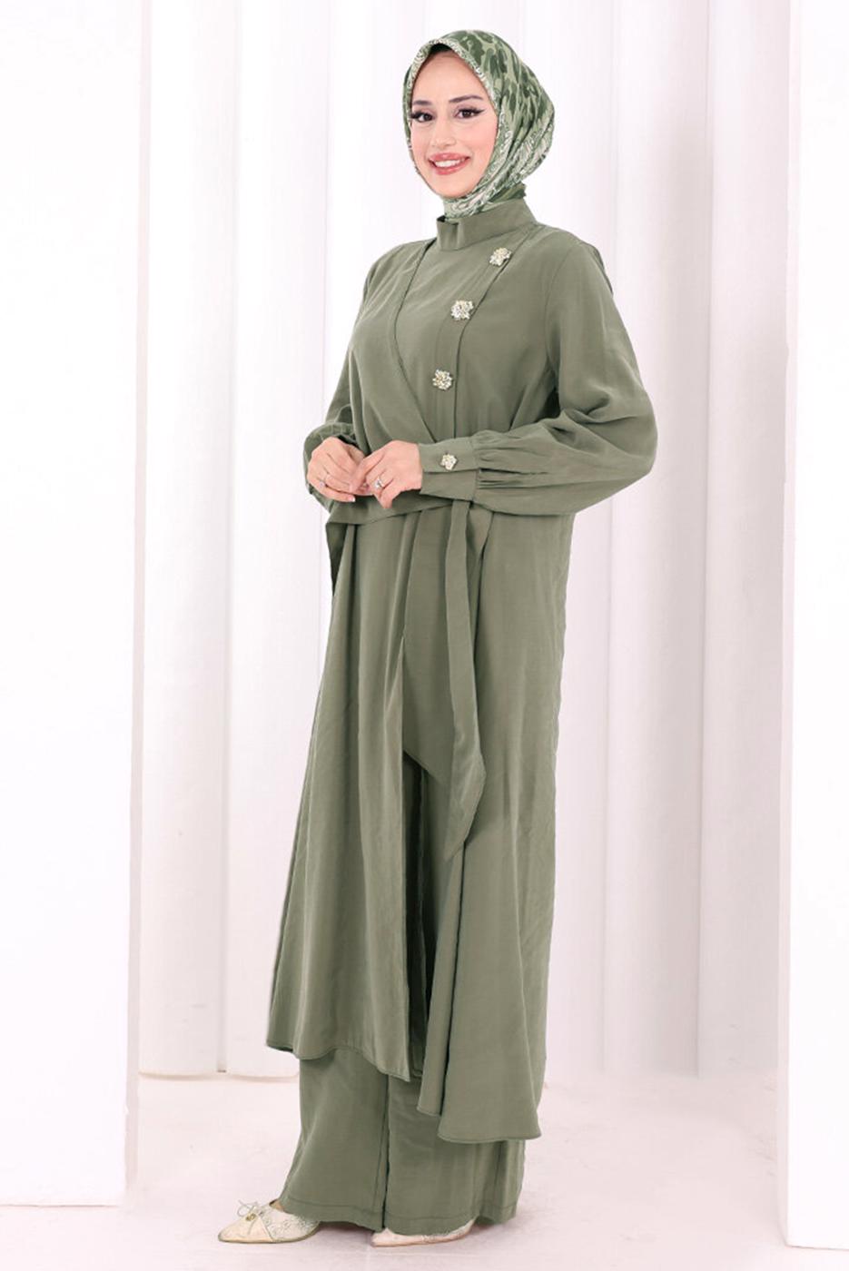 Hijab clothing KHAKI CUPRA TIED PANTSUIT T 9108