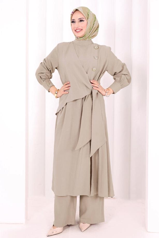 Hijab clothing BEIGE T 9108 BYM CUPRA PANTOLONLU TAKIM - TRENDTESETTÜR