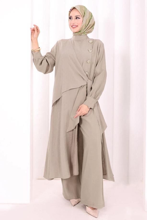 Hijab clothing BEIGE T 9108 BYM CUPRA PANTOLONLU TAKIM - TRENDTESETTÜR