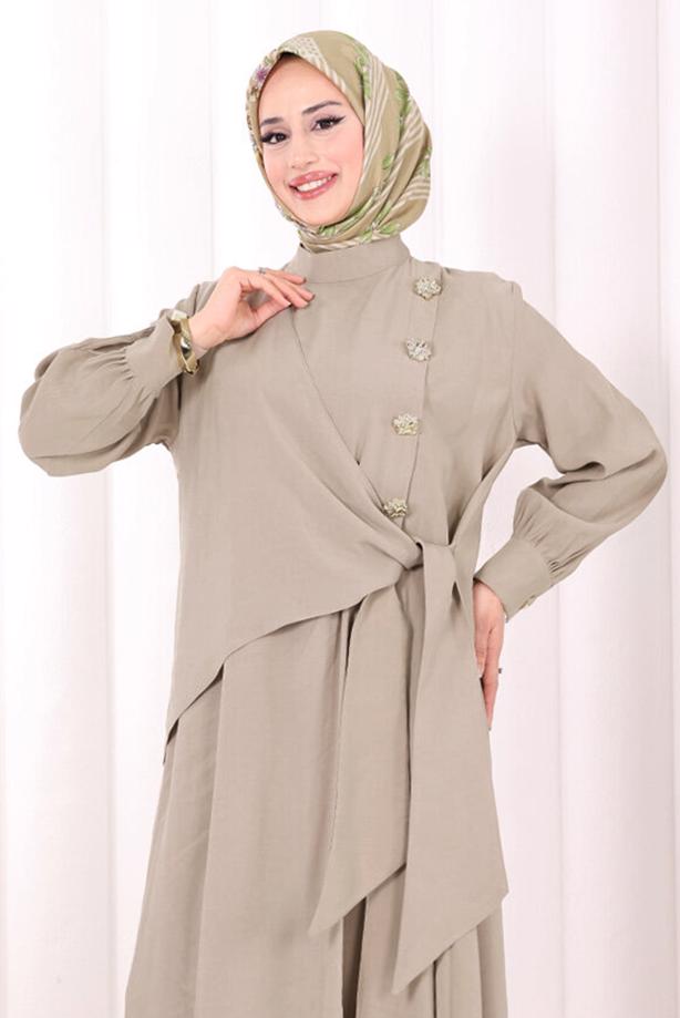 Hijab clothing BEIGE T 9108 BYM CUPRA PANTOLONLU TAKIM - TRENDTESETTÜR