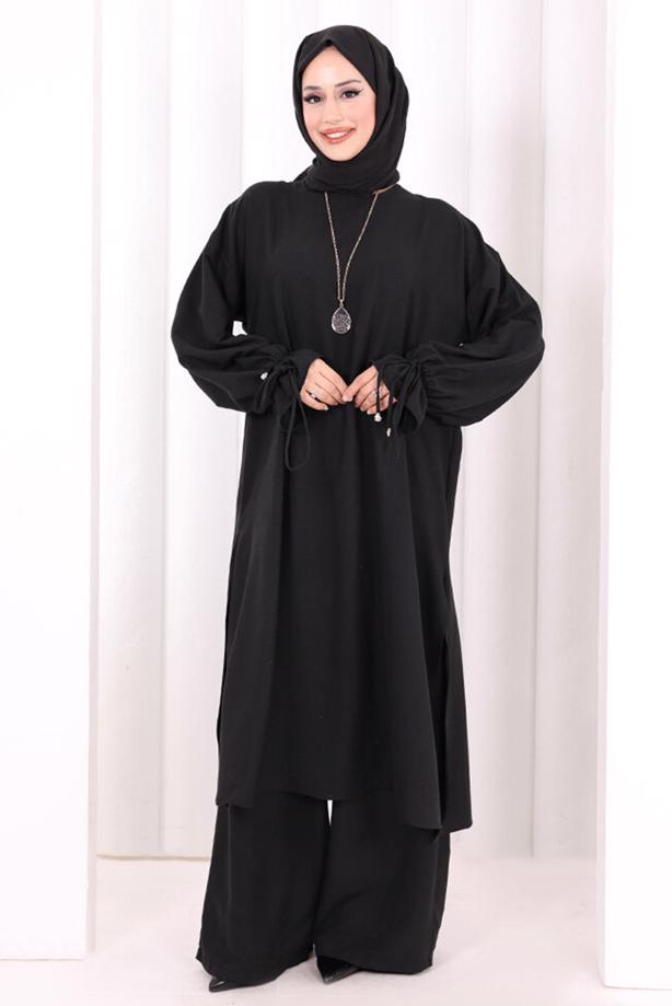 Tesettür giyim SİYAH UZUN TUNİKLİ PANTOLONLU TAKIM T 9208 - TRENDTESETTÜR