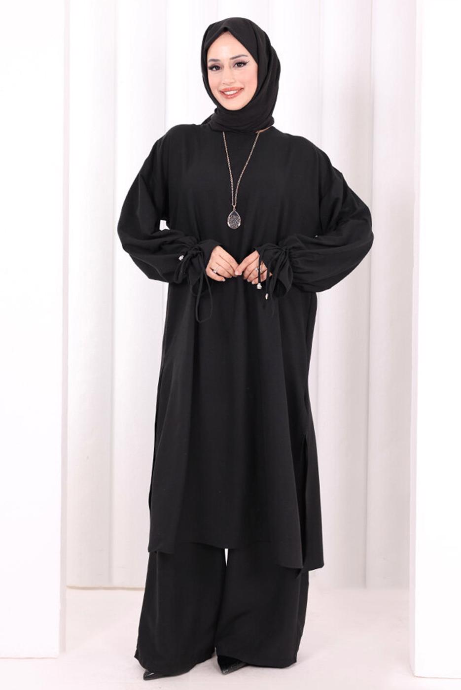 Tesettür giyim SİYAH UZUN TUNİKLİ PANTOLONLU TAKIM T 9208