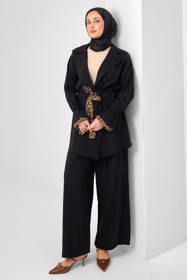 Tesettür giyim SİYAH PANTOLONLU LEOPAR DETAYLI TAKIM T 9262 - TRENDTESETTÜR