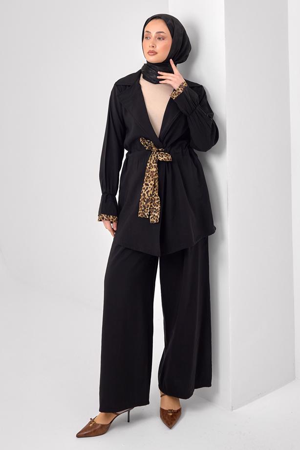 Tesettür giyim SİYAH PANTOLONLU LEOPAR DETAYLI TAKIM T 9262 - TRENDTESETTÜR
