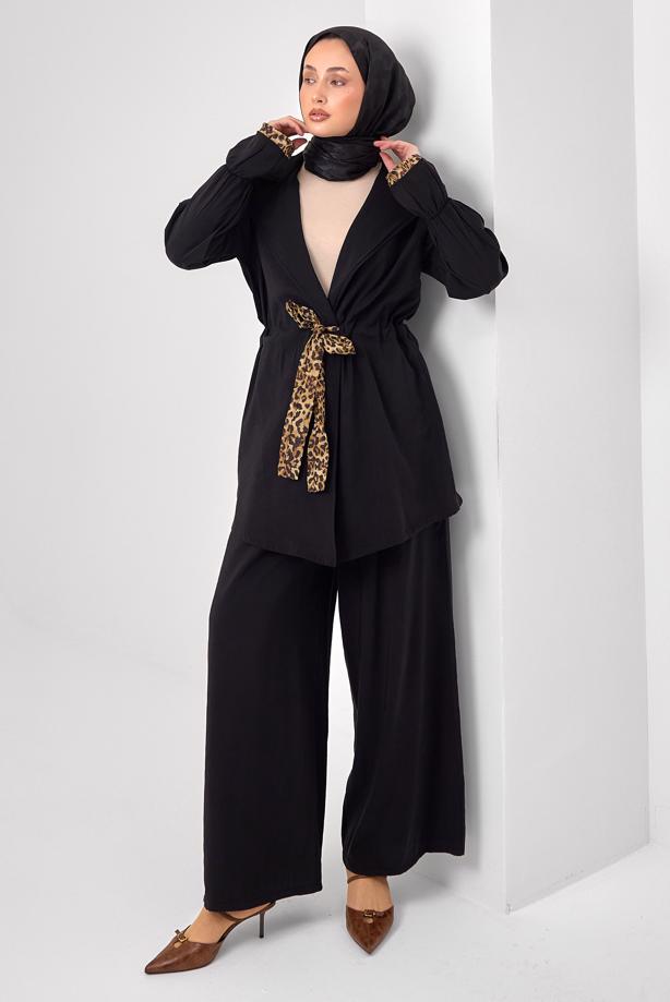 Tesettür giyim SİYAH PANTOLONLU LEOPAR DETAYLI TAKIM T 9262 - TRENDTESETTÜR