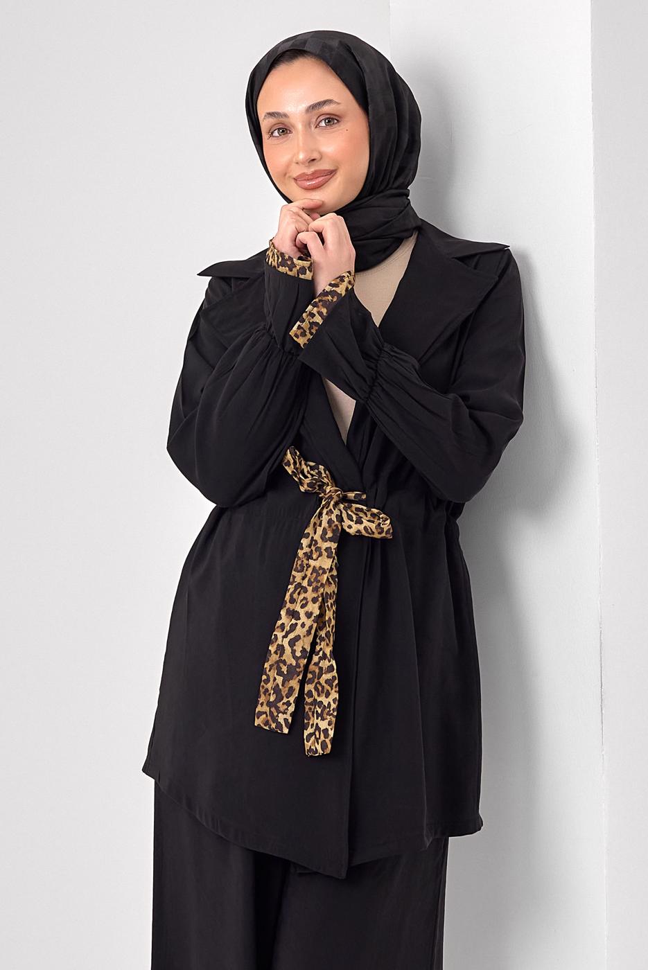 Tesettür giyim SİYAH LEOPAR DETAYLI MODAL TAKIM T 9262