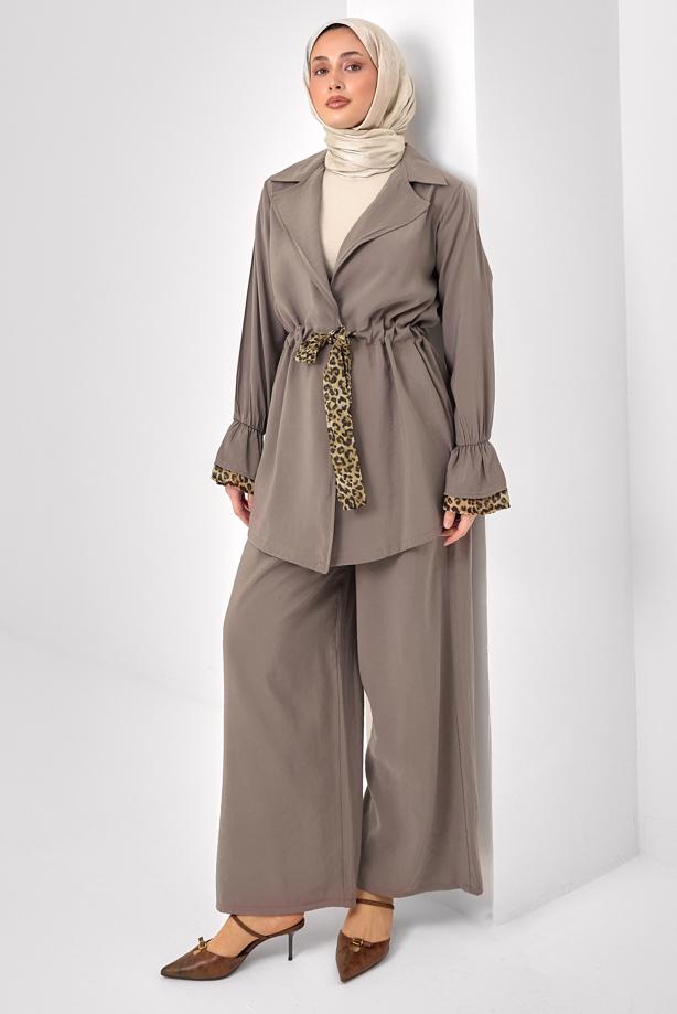 Tesettür giyim VİZON PANTOLONLU LEOPAR DETAYLI TAKIM T 9262 - TRENDTESETTÜR