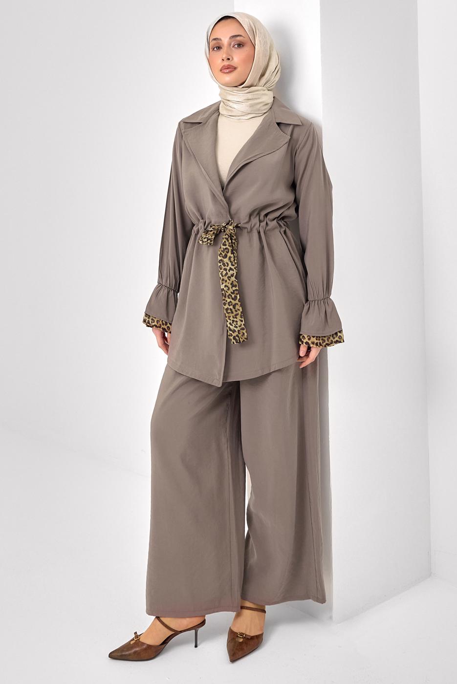 Tesettür giyim VİZON LEOPAR DETAYLI MODAL TAKIM T 9262