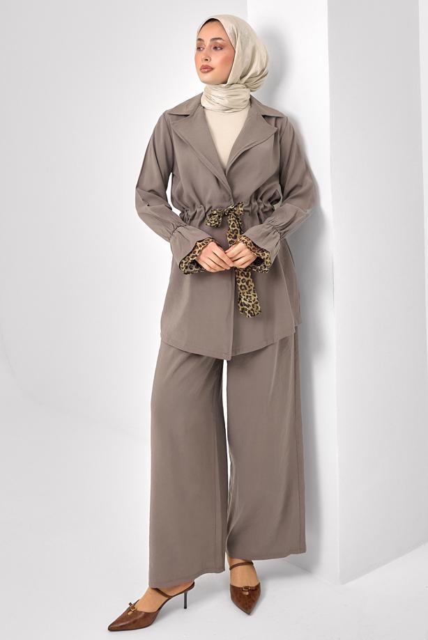 Tesettür giyim VİZON PANTOLONLU LEOPAR DETAYLI TAKIM T 9262 - TRENDTESETTÜR