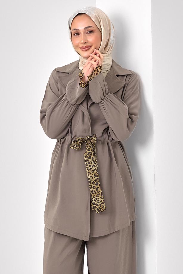 Tesettür giyim VİZON PANTOLONLU LEOPAR DETAYLI TAKIM T 9262 - TRENDTESETTÜR