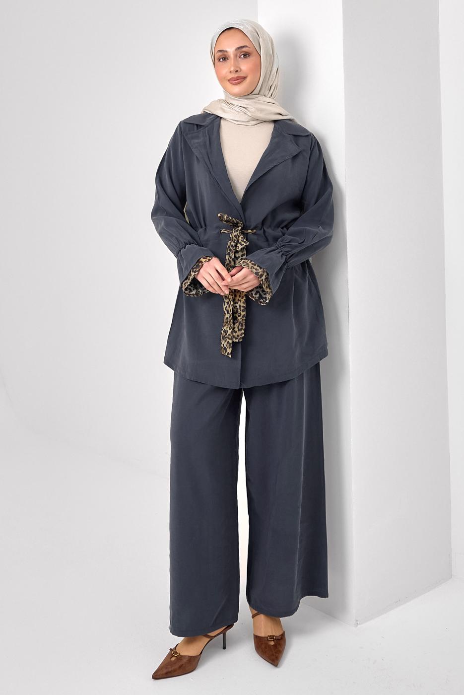 Tesettür giyim GRİ LEOPAR DETAYLI MODAL TAKIM T 9262