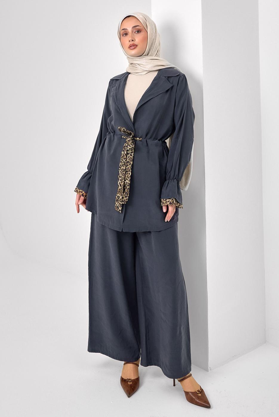 Tesettür giyim GRİ LEOPAR DETAYLI MODAL TAKIM T 9262