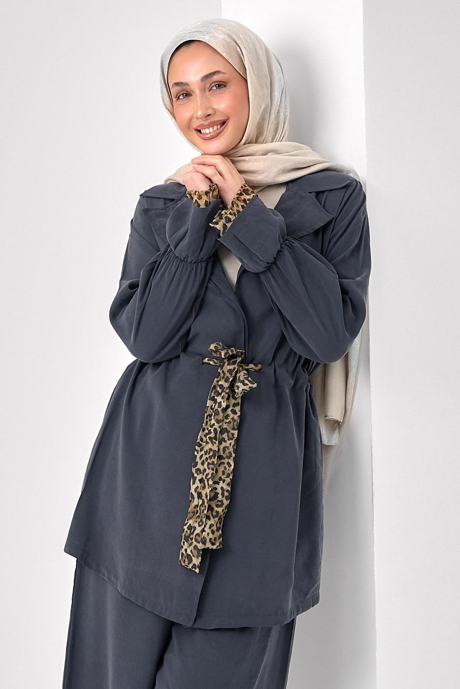Tesettür giyim GRİ LEOPAR DETAYLI MODAL TAKIM T 9262