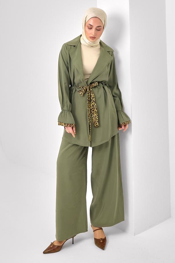 Tesettür giyim YEŞİL PANTOLONLU LEOPAR DETAYLI TAKIM T 9262 - TRENDTESETTÜR