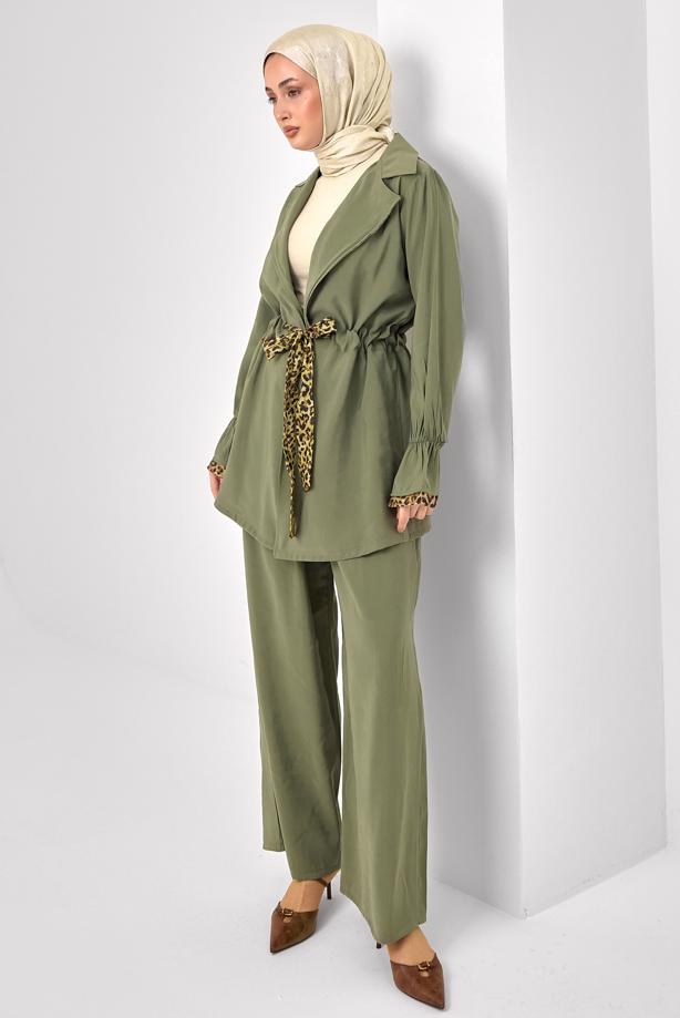 Tesettür giyim YEŞİL PANTOLONLU LEOPAR DETAYLI TAKIM T 9262 - TRENDTESETTÜR