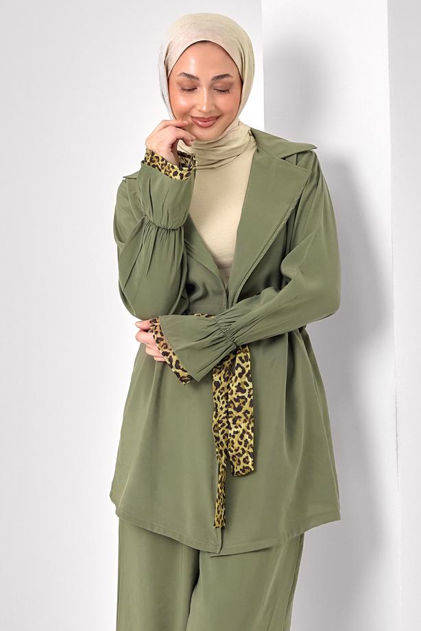 Tesettür giyim YEŞİL PANTOLONLU LEOPAR DETAYLI TAKIM T 9262 - TRENDTESETTÜR