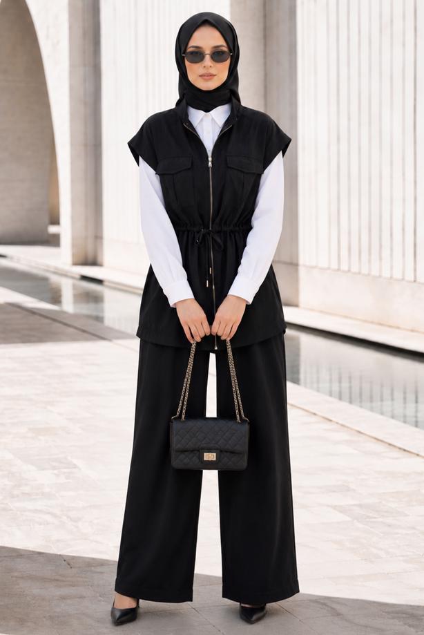 Vêtements hijab NOIR ENSEMBLE PANTALON TAILLE SMOCKÉE T 9933 - TRENDTESETTÜR