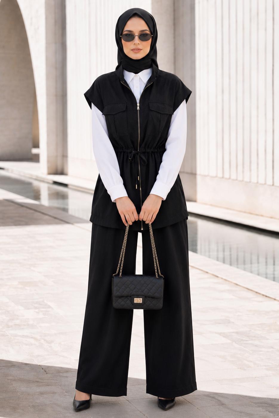 Vêtements hijab NOIR ENSEMBLE PANTALON TAILLE SMOCKÉE T 9933