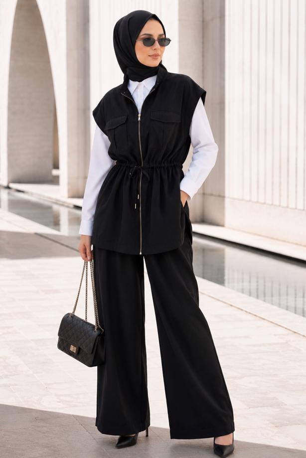Vêtements hijab NOIR ENSEMBLE PANTALON TAILLE SMOCKÉE T 9933 - TRENDTESETTÜR