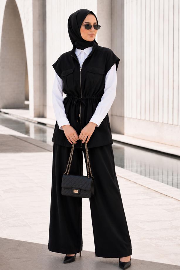 Vêtements hijab NOIR ENSEMBLE PANTALON TAILLE SMOCKÉE T 9933 - TRENDTESETTÜR