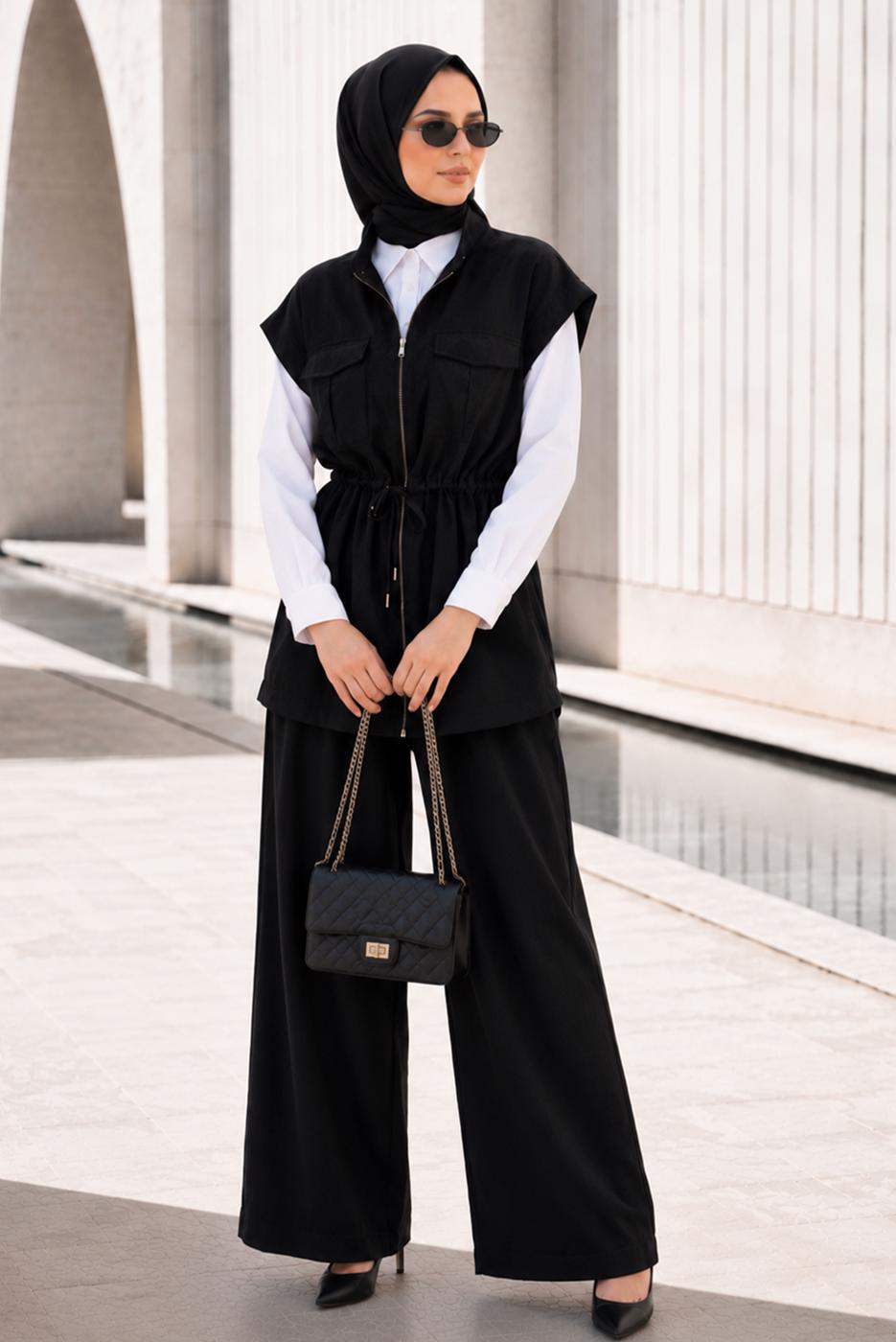 Vêtements hijab NOIR ENSEMBLE PANTALON TAILLE SMOCKÉE T 9933