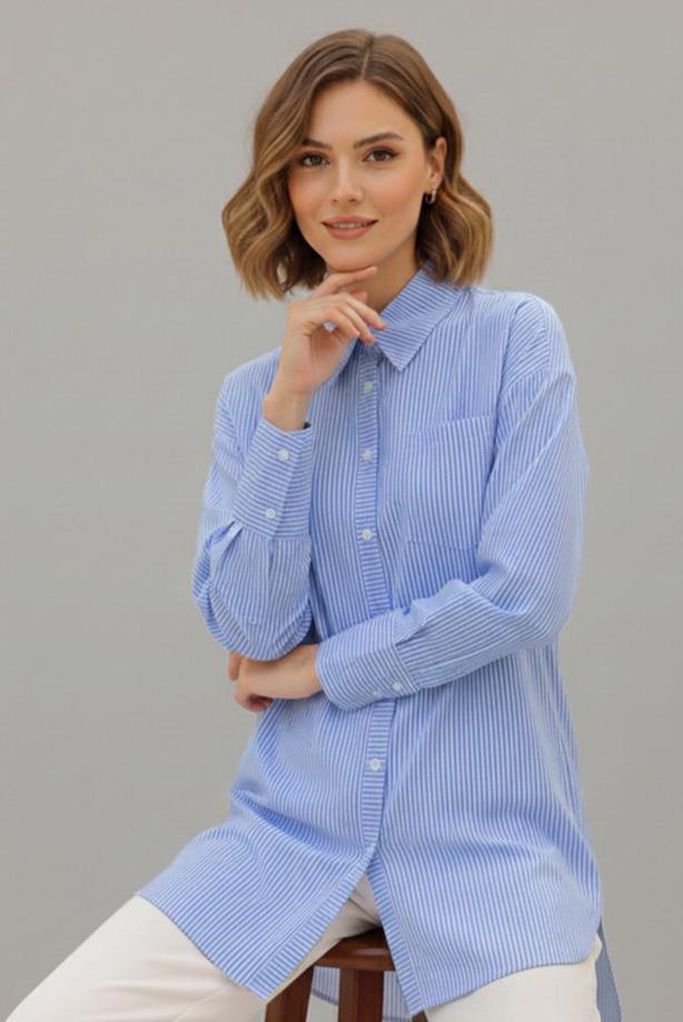 Vêtements hijab BLEU TUNIQUE À COL CHEMISE RAYÉ T 02021 - TRENDTESETTÜR