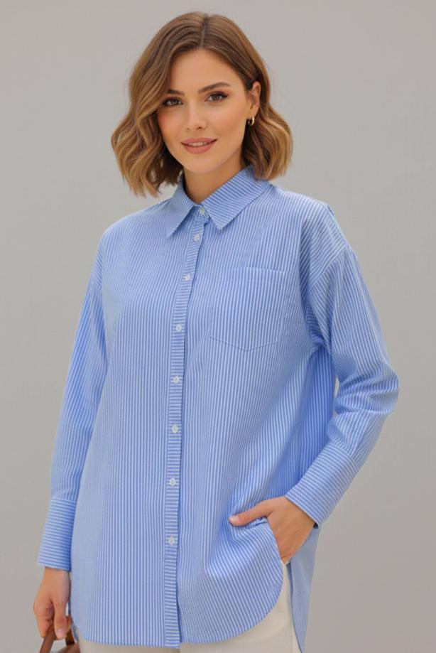 Vêtements hijab BLEU TUNIQUE À COL CHEMISE RAYÉ T 02021 - TRENDTESETTÜR