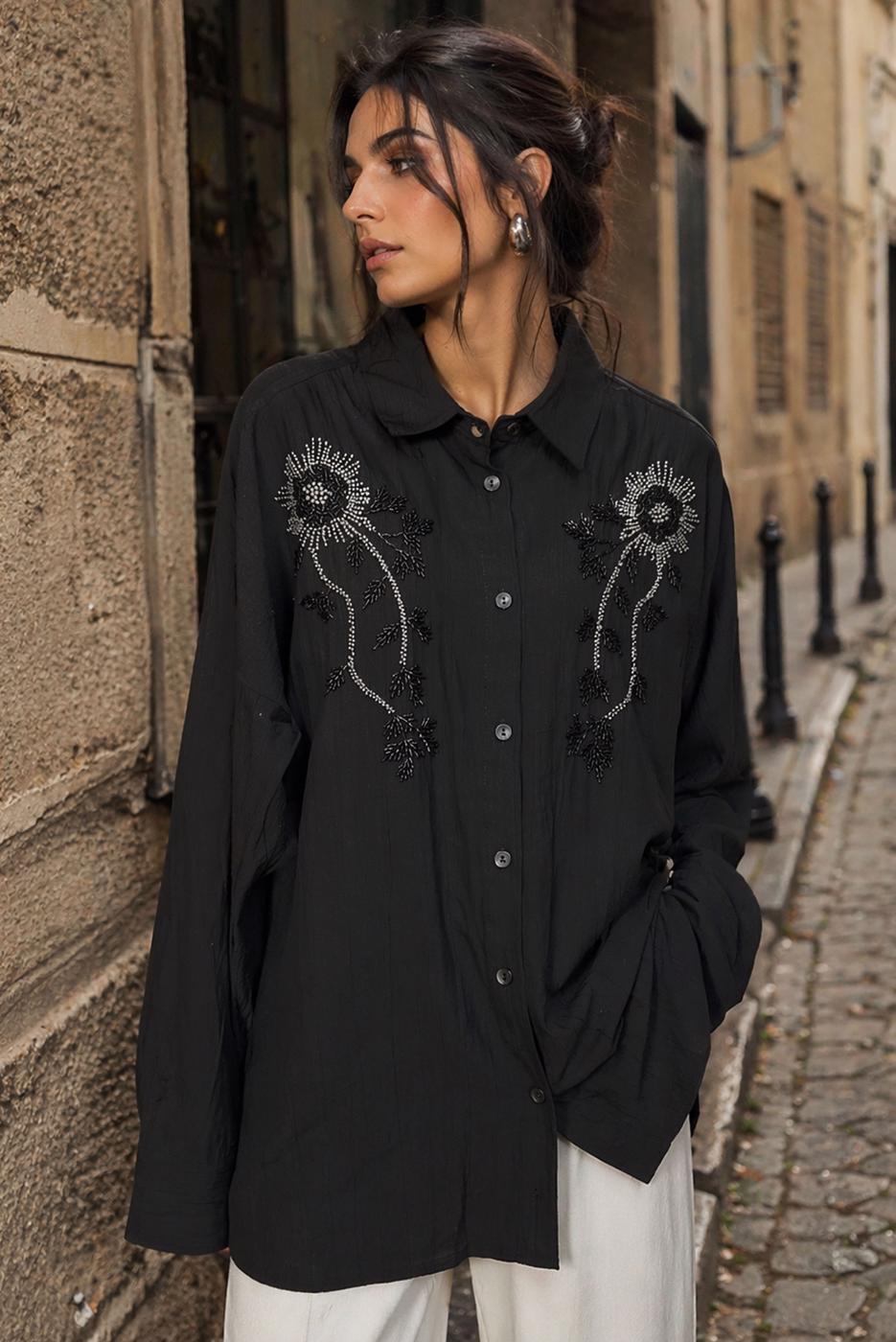 Tesettür giyim SİYAH PAMUKLU BONCUK İŞLEMELİ TUNİK T 0720