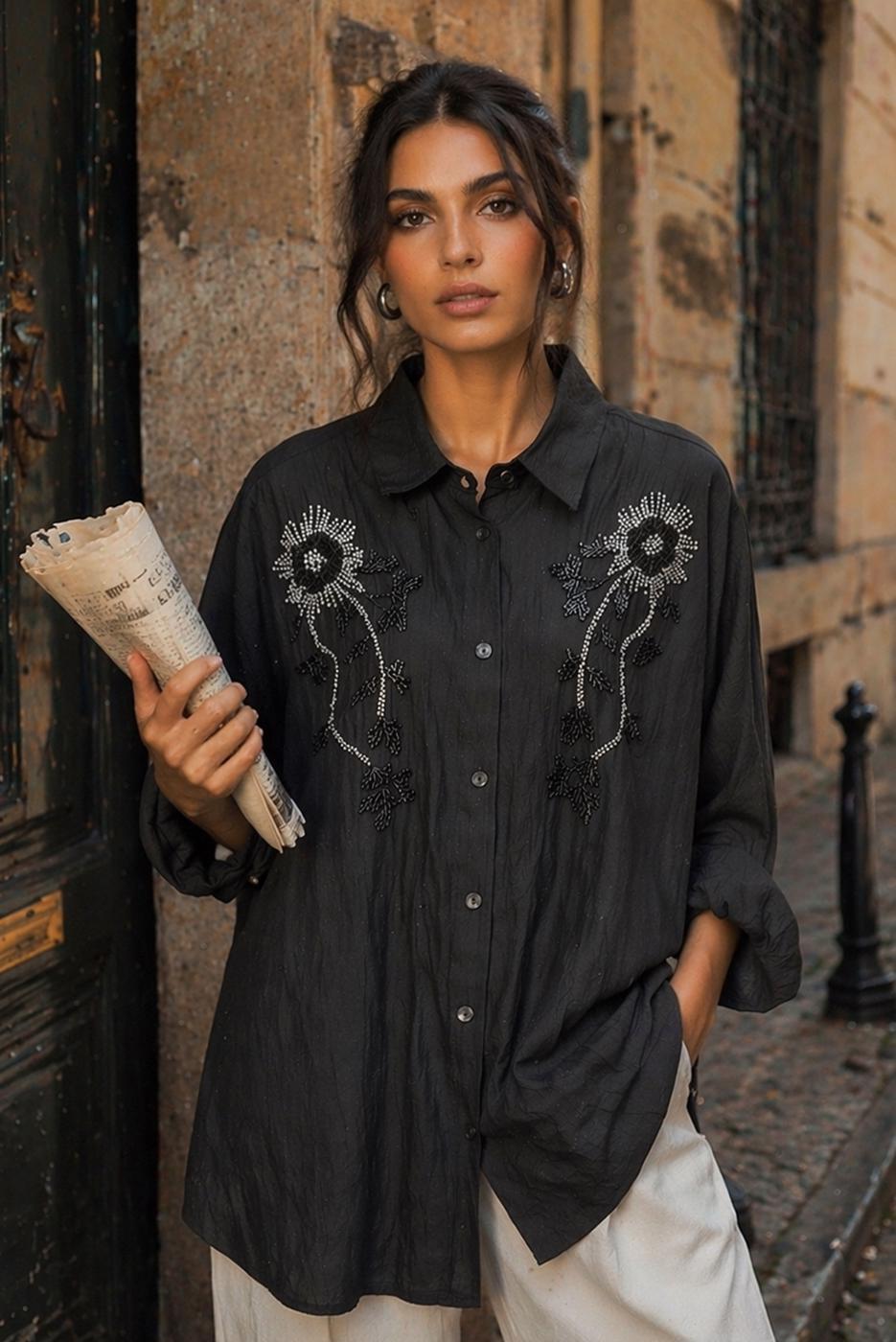 Tesettür giyim SİYAH PAMUKLU BONCUK İŞLEMELİ TUNİK T 0720