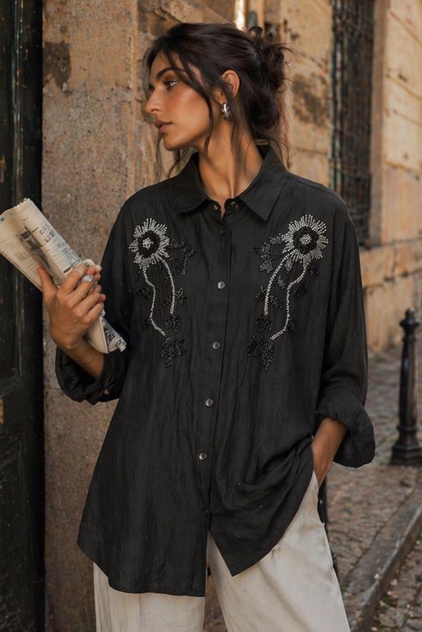 Tesettür giyim SİYAH PAMUKLU BONCUK İŞLEMELİ TUNİK T 0720 - TRENDTESETTÜR