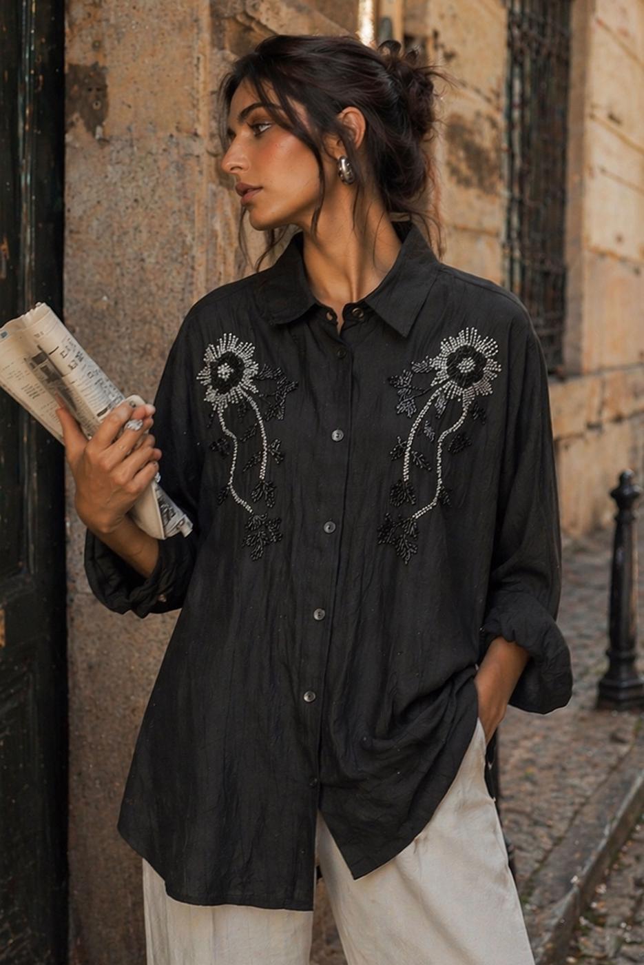 Tesettür giyim SİYAH PAMUKLU BONCUK İŞLEMELİ TUNİK T 0720