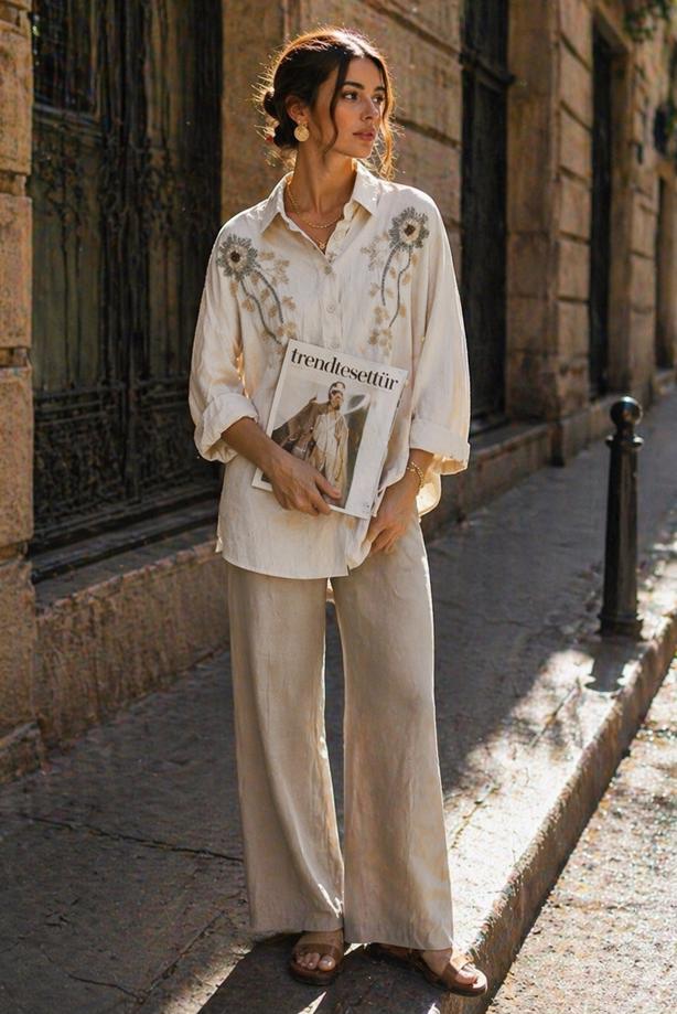 Tesettür giyim KREM PAMUKLU BONCUK İŞLEMELİ TUNİK T 0720 - TRENDTESETTÜR