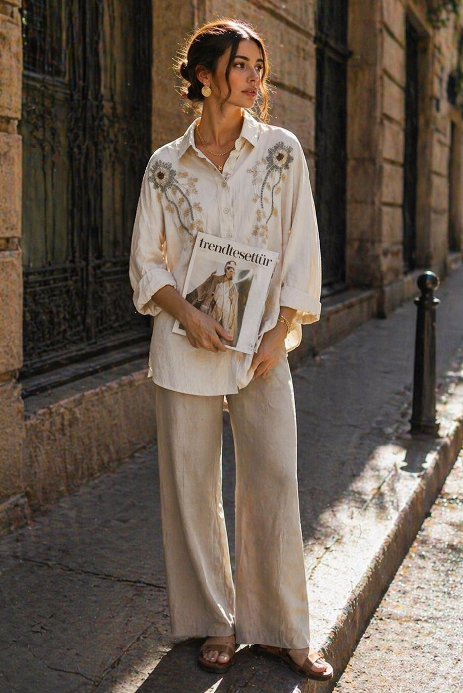 Tesettür giyim KREM PAMUKLU BONCUK İŞLEMELİ TUNİK T 0720