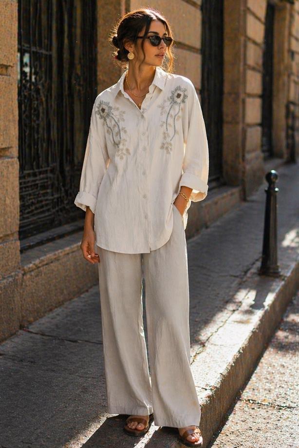 Tesettür giyim KREM PAMUKLU BONCUK İŞLEMELİ TUNİK T 0720 - TRENDTESETTÜR